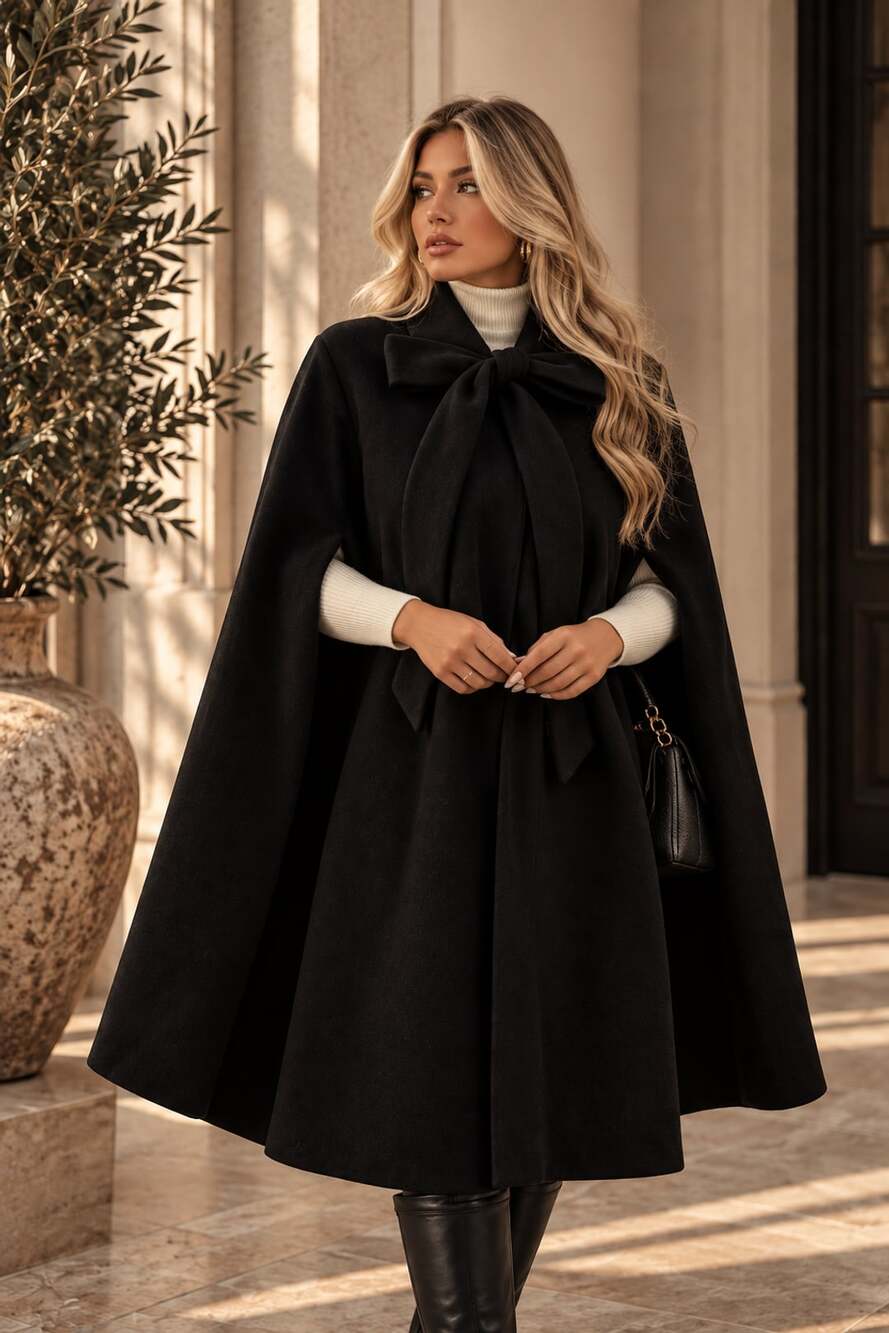 Elenzga Plus Size Elegant Bow Collar Cape Poncho Cloak Winter Fall Autumn